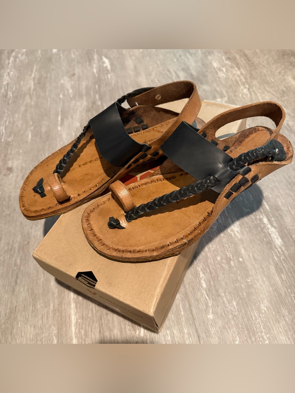 Vivo Barefoot Black and Tan Braided T-Strap Minimalist Sandals